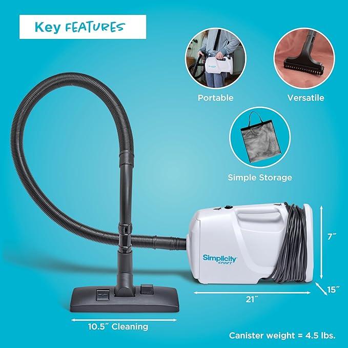 Simplicity Vacuums Sport Small Canister Vacuum Cleaner for Stairs with Carry Strap, Hard Floor Vacuum with Attachments and Storage Bag, Compact RV Vacuum Cleaner, White, S100.6 - NeatNest