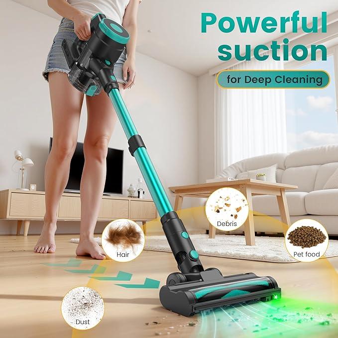 Zefiro Cordless Vacuum Cleaner,45Mins Runtime Stick Vacuum, Anti-Tangle and 1.5L Dust Cup, Lightweight Vacuum for Hardwood Floor Carpet Pet Hair (grenn&Black) - NeatNest