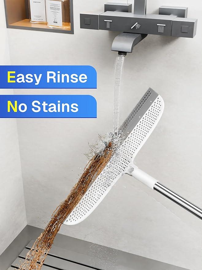 Silicone Floor Squeegee & Broom – Long Handle Hair Remover for Water, Pet Hair – for Bathroom, Tile, Concrete, Garage, Deck, Glass – Indoor Outdoor Cleaning Tool – White - NeatNest