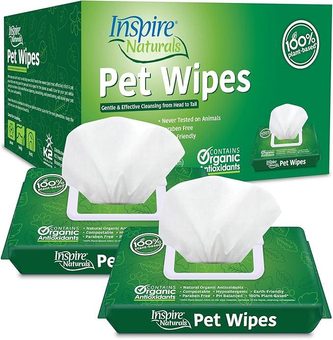 Inspire Naturals Pet Wipes for Dogs and Cats 100% Natural Plant Based with Organic Antioxidants, Dog Wipe Cleaning Deodorizing | Puppy Wipes | Dog Wipes for Paws and Butt(100ct - 2 Pack) - NeatNest