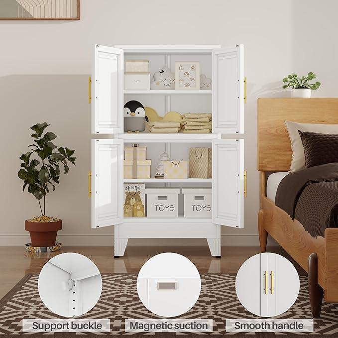 47“H White Metal Bathroom Storage Cabinet, Kitchen Pantry Cabinet with Doors and 3 Adjustable Shelves, Bathroom cabinets Organizer, for Home Office, Bedroom - NeatNest