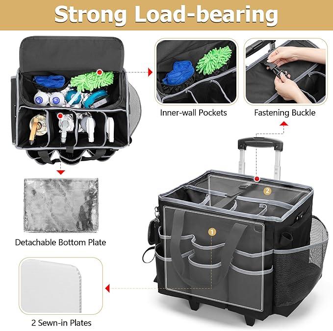Large Cleaning Caddy with Detachable Trolley & Shoulder Strap, Cleaning Supplies Bag with Handles & Support Plates, Cleaning Product Rolling Organizer for Car Wash and Housekeeping - NeatNest