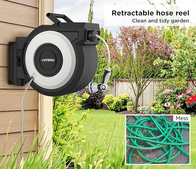 Tuyeho Retractable Garden Hose Reel 5/8" x 90 ft, Wall Mount Water Hose Reels with Automatic Slow Rewind System, Outdoor Hoses Reel with 2 Hose Nozzles for Garden Watering, Car Wash, Pet Shower - NeatNest