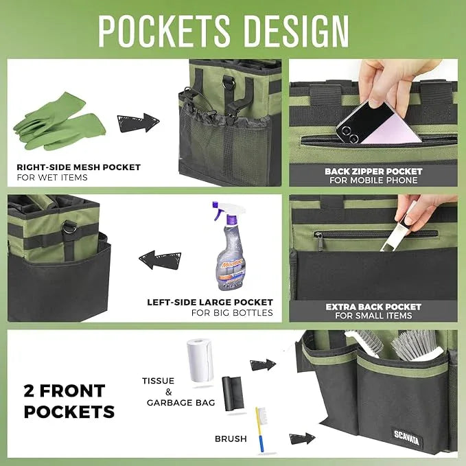 Compact Wearable Cleaning Caddy, Small Cleaning Caddy Supplies Organizer with Handle & Shoulder Straps for Housekeepers, Under Sink & Car Cleaning Tool Organizers Bag (Armygreen) - NeatNest