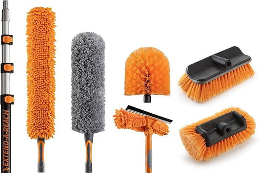 20 Foot High Ceiling Duster Kit and Scrub Brush with 4-12 ft Extension Pole // Telescoping Duster, Window Squeegee and Cobweb Duster with Extension Pole // Interior and Exterior House Cleaning Brushes - NeatNest