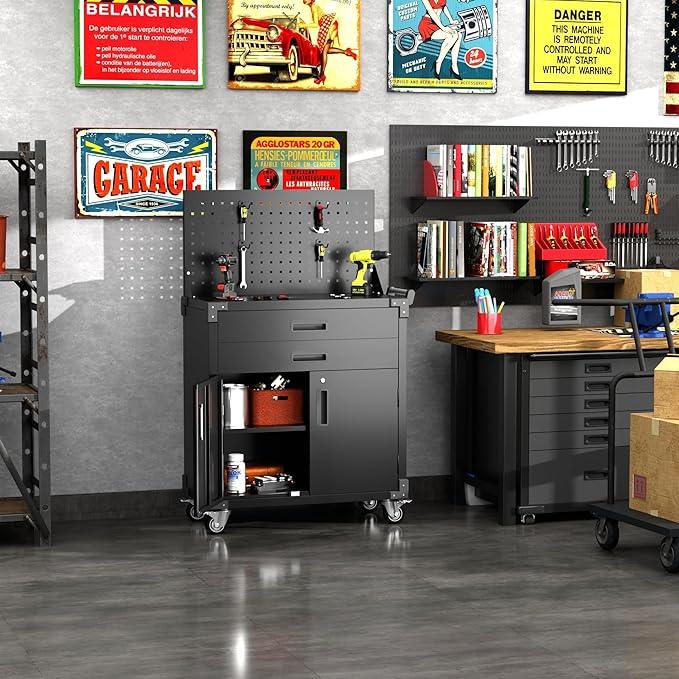 SUXXAN Black Tool Cart with Pegboard and 4 Hooks,Garage Storage Cabinet on Wheels with 2 Drawer,Industrial Service Utility Tool Cart for Mechanics, Garage, Workshop - NeatNest