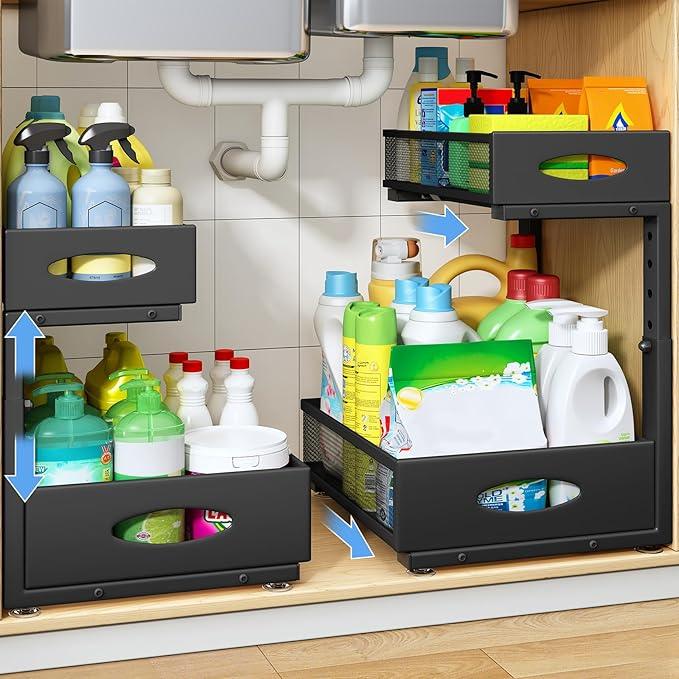 Under Sink Organizer, 2 Tier Pull Out Under Cabinet Organizer Shelf with Pad for Framed Cabinets, Metal Slide Out Under Sink Storage, Mesh Sliding Drawers for Kitchen Bathroom Laundry(Black, 1 Pack) - NeatNest