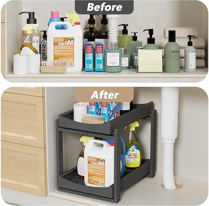 Bamboo Under Sink Organizer Adjustable Height 2 Tier Bathroom Organizer Pull Out Cabinet Storage Kitchen Heave Duty Wood Slide Ou Shelf for Kitchen Bathroom (Black, 1 Pack) - NeatNest