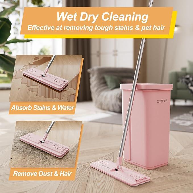 JOYMOOP Pink Mop and Bucket with Wringer Set for Home, with 3 Reusable Microfiber Mop Pads, Hands-Free Self-Cleaning System, Suitable for Floor Cleaning and Wall Cleaner - NeatNest