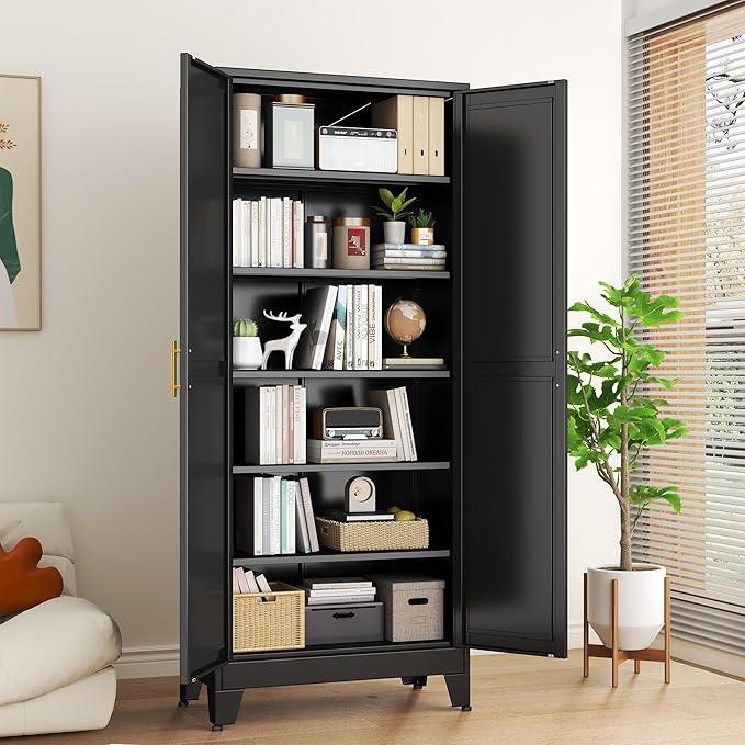 Black Metal Storage Cabinet,75" Steel Cabinets for Home Office, Kitchen Pantry Storage Cabinet with Doors and 5 Adjustable Shelves, Tool Cabinets, for Office, Home, Garage, School - NeatNest