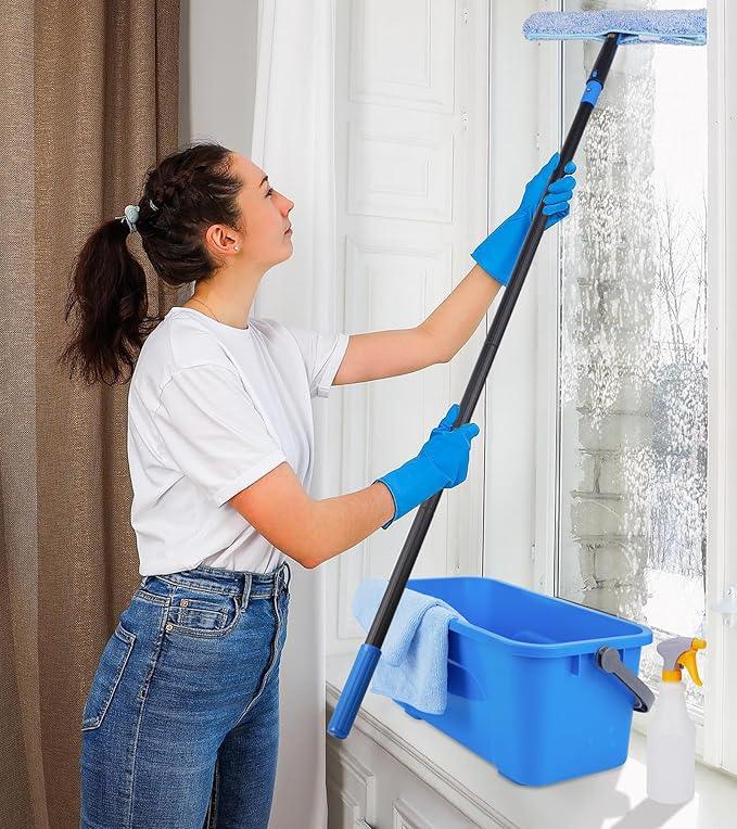 Window Cleaning Kit with Storage Bucket, Window Squeegee with 4.13ft Extension Pole, Scrubber, Spray Bottle,Duster Cloth, Squeegee with Rotating Head, Professional Window Cleaning Tools - NeatNest