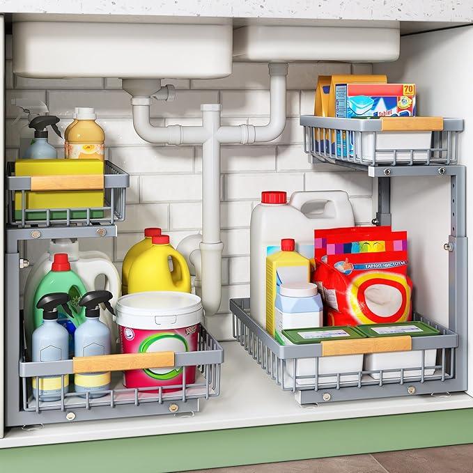 Under Sink Organizer, 2 Packs 2 Tier Under Sink Organizers and Storage, Slide out Pull out Cabinet Organizer Shelf, Metal Sliding Drawer for Kitchen Bathroom Pantry Closet Rack(Grey) - NeatNest