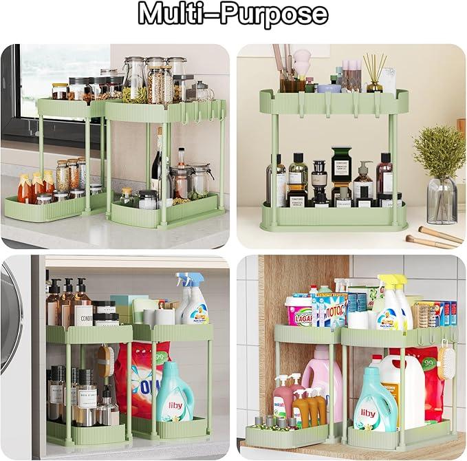 2 Pack Multi-Purpose Pull-Out Storage Organizers, Under Sink Organizers and Storage for Bathroom & Kitchen, Under Cabinet Organizers and storage, 14.8 Inch, Green - NeatNest