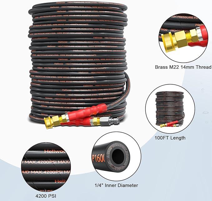 Pressure Washer Hose 100FT 1/4" for Cold & Hot Water (Up to 140℉) 4200 PSI Kink Resistant Industrial Grade Steel Wire Braided QC Ends with 3/8" Adapters for Professional and Home - NeatNest