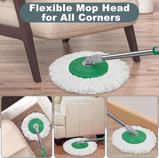 Dual Compartment Spin Mop and Bucket, Mop and Bucket with Wringer Set,360°Rotating Spinning Mopping for Floor Cleaning with 3 Microfiber Replacement Heads, 61" Extended Handle, 2X Wheel - Deep Green - NeatNest
