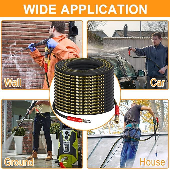 3/8" Pressure Washer Hose 100ft -Black 4800 PSI Kink Resistant Steel Wire Braided Industrial Grade Power Washer Hose for Hot/Cold Water up to 248°F with 2 M22 14mm Quick Connect Ends and Adapters Kits - NeatNest