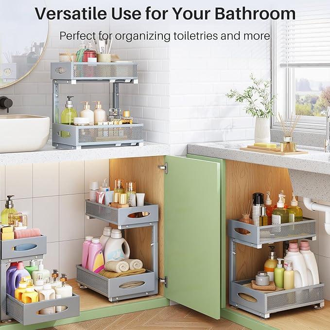 1 Pack Under Sink Organizer, 2 Tier Pull out Cabinet Organizer Mesh Baskets with 5 Adjustable Heights, Sliding Drawers Storage Shelf for Home, Kitchen, Bathroom, Pantry, Office, Countertop ,Grey - NeatNest