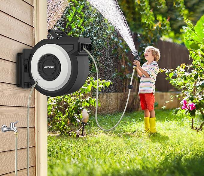Tuyeho Retractable Garden Hose Reel 5/8" x 90 ft, Wall Mount Water Hose Reels with Automatic Slow Rewind System, Outdoor Hoses Reel with 2 Hose Nozzles for Garden Watering, Car Wash, Pet Shower - NeatNest