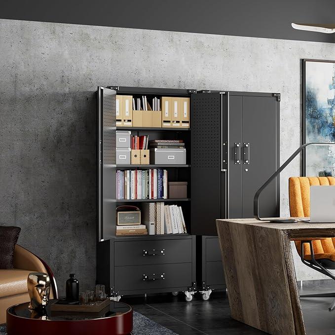 SUXXAN Rolling Storage Cabinet with 2 Doors and 2 Drawers, Heavy Duty Metal Storage Cabinet with Shelves, Locking Steel Cabinet for Warehouse, Home, Office (Black) - NeatNest