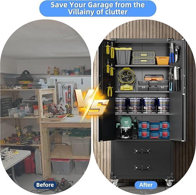 SUXXAN Rolling Storage Cabinet with 2 Doors and 2 Drawers, Heavy Duty Metal Storage Cabinet with Shelves, Locking Steel Cabinet for Warehouse, Home, Office (Black) - NeatNest