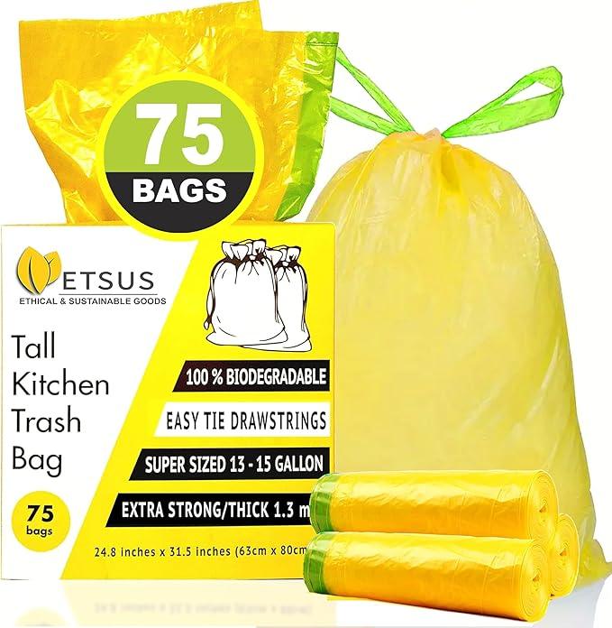 13 Gallon Biodegradable Trash Bags with Drawstrings, 75 Count Plant Based, Code Q Tall Kitchen Compost Bags 50 Liter Bin - Green Garbage Liners - 1.3 mil Thick Heavy Duty and Eco Friendly Trash Bags - NeatNest