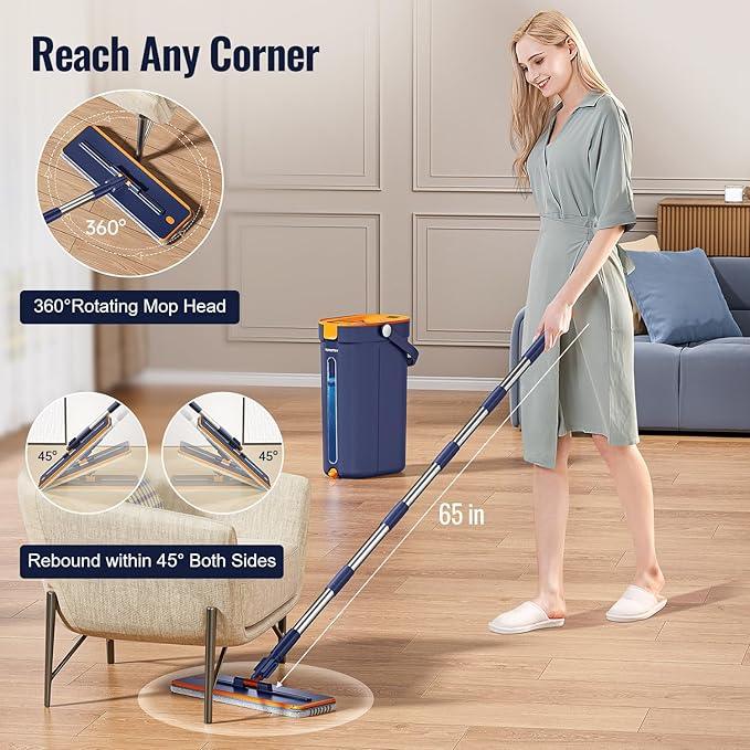Mop and Bucket Set with Wringer, 3-Tank Flat Mop and Bucket System, Wall Mop Cleaner with Long Handle, Hands Free Mops for Floor Cleaning with 8 Microfiber Pads - NeatNest