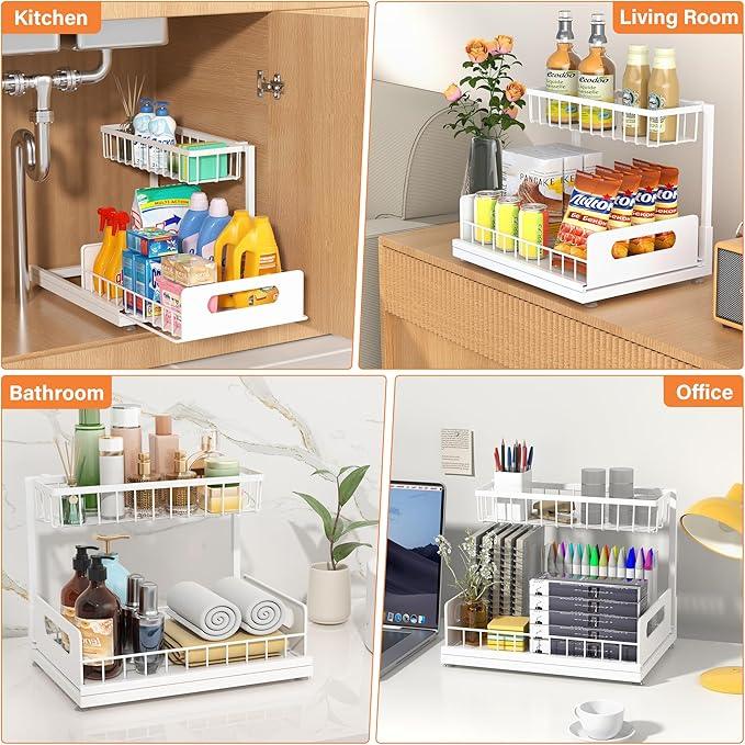 Under Sink Organizer, 2 Tier Pull Out Cabinet Organizer,Slide out Metal Cabinet Organizers Multi-Purpose Drawer Shelf for Kitchen Bathroom Pantry Cabinet Closet Organization Rack,White 1 Pack - NeatNest