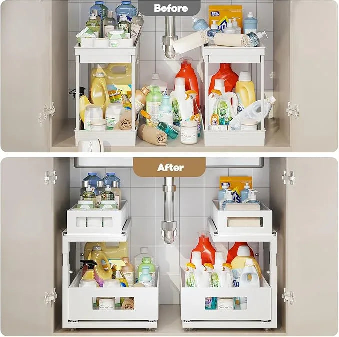 2 Pack Under Sink Organizer With Next-Gen Ball-Bearing Slides,2-Tier Pull Out Cabinet Storage,Height Adjustable Drawer Shelf for Bathroom,Kitchen,Laundry,Cabinet,Pantry(Patent Pending) - NeatNest