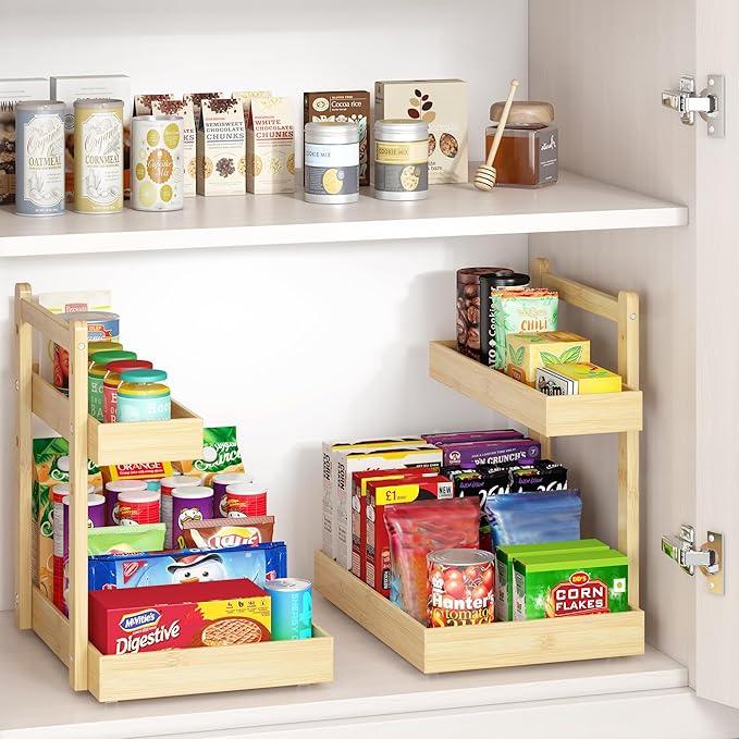 Under Sink Organizer - 2-Tier Pull Out Cabinet Organizer Vertical Slide Out Sink Shelf Storage Shelves for Multi-Purpose Bath Kitchen Bathroom Medicine (Nature, 2 Packs) - NeatNest