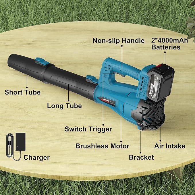Leaf Blower Cordless with 2 x 4.0 Ah Battery and Charger, 160MPH/580CFM High Power Lightweight Handheld Electric Snow Blower with 2 Extended Tubes for Lawn, Yard, Leaves, Dust, Snow Care (Blue) - NeatNest