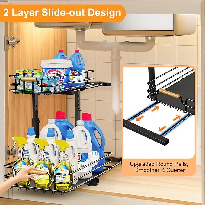 JYPS 2 Pack Under Sink Organizer, 2 Tier Pull out Under Kitchen Bathroom Sink Organizer and Storage, Metal Sliding Drawer for Cabinet Pantry Undersink Organizers Shelf - NeatNest