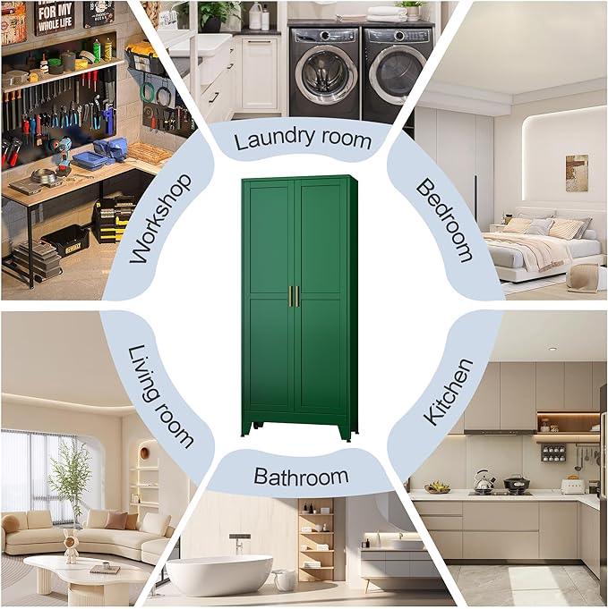 Green Metal Storage Cabinet,75" Steel Cabinets for Home Office, Kitchen Pantry Storage Cabinet with Doors and 5 Adjustable Shelves, Tool Cabinets, for Office, Home, Garage, School - NeatNest