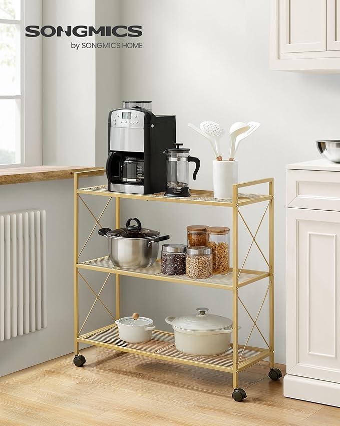 SONGMICS 3-Tier Metal Storage Rack with Wheels, Mesh Shelving Unit with X Side Frames, 31.5-Inch Width, for Entryway, Kitchen, Living Room, Bathroom, Industrial Style, Metallic Gold UBSC183A01 - NeatNest