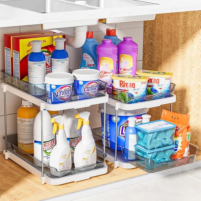 Delamu 2-Tier Multi-Purpose Bathroom Under Sink Organizers and Storage, Stackable Kitchen Pantry Organization, Pull Out Medicine Cabinet Organizer with Movable Dividers, Grey, 4 Pack - NeatNest