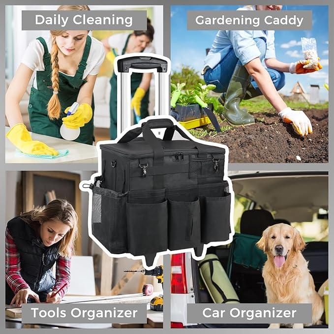 Rolling Cleaning Caddy Bag with Detachable Trolley, Large Cleaning Supplies Organizer with Wheels, Multi Pocket Cleaning Cart with Adjustable Shoulder Strap for Housekeepers & Home Use, Black - NeatNest