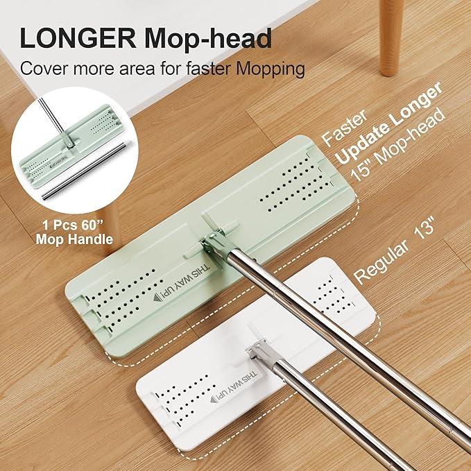 JOYMOOP Mop and Bucket with Wringer Set, Flat Squeeze Mop with Bucket (X-Large), Dust Mop for Wall Cleaner with Long Handle, Microfiber Mop - Green Bucket with 3 Reusable 15" Pads - NeatNest
