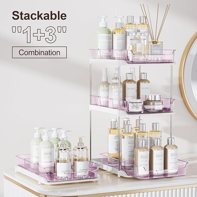 Delamu 2-Tier Multi-Purpose Bathroom Under Sink Organizers and Storage, Stackable Kitchen Pantry Organization, Pull Out Medicine Cabinet Organizer with Movable Dividers, Purple, 2 Pack - NeatNest