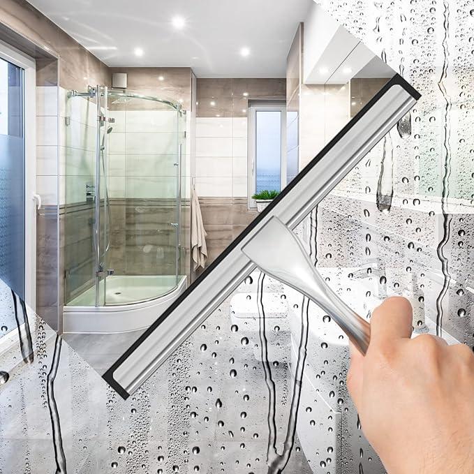 All-Purpose Stainless Steel Shower Squeegee for Shower Glass Door with 2 Adhesive Hooks, Bathroom Cleaner Tool Household Window Mirror Squeegee for Glass Doors, Cleaning Tile Wall, Car, 14 Inch Silver - NeatNest