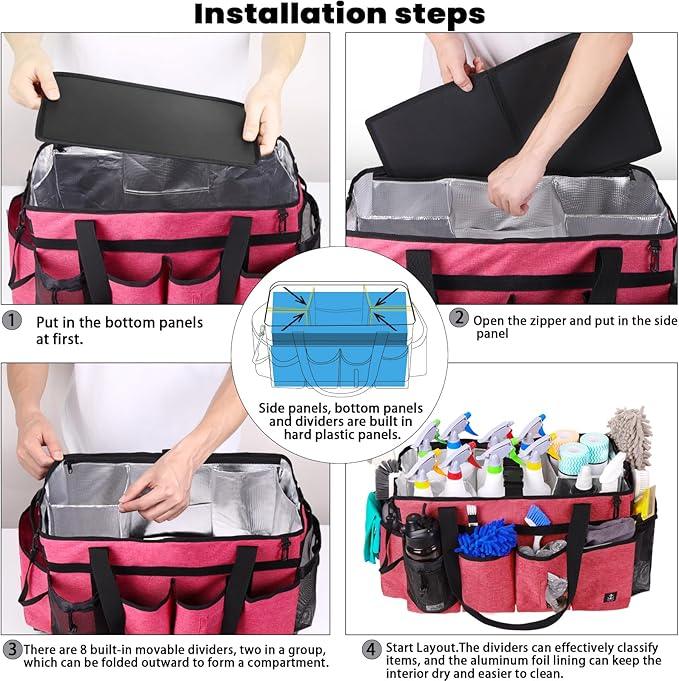 Extra large Cleaning Caddy Bag Built-in Sturdy Support Board, Cleaning Organizer with Detachable Divider, Cleaning Supply Tote with Adjustable Shoulder Strap (Pink, 19'' x 11'' x 11'') - NeatNest