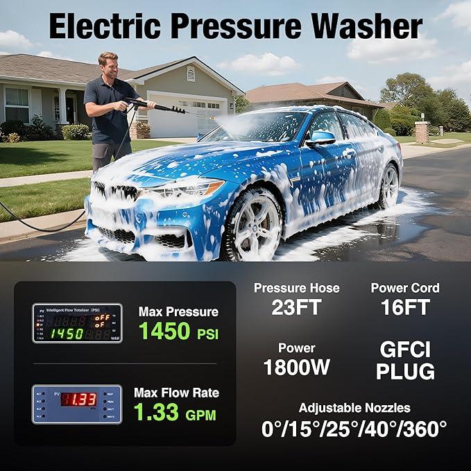 Pressure Washer, True High Power Washer with GFCI Safety Plug & No-Bend 360° Nozzle, Complete with Foam Cannon & 4 Nozzles for Car, Patio - NeatNest