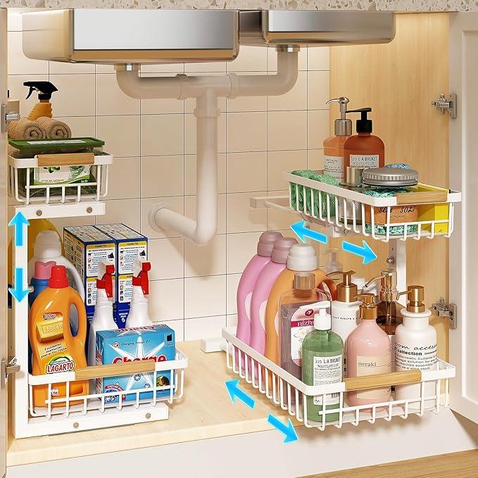 REALINN Under Sink Organizer, Height Adjustable Under Sink Organizers and Storage, 2 Tier Pull Out Drawer Cabinet Storage for Kitchen Bathroom, 2 Pack, White - NeatNest
