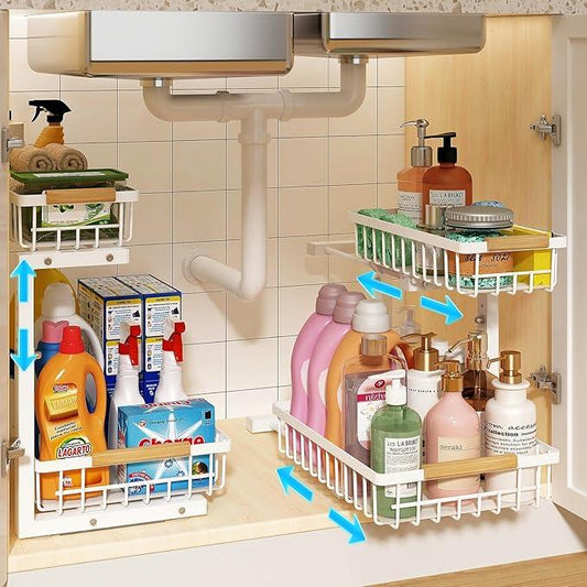 REALINN Under Sink Organizer, Height Adjustable Under Sink Organizers and Storage, 2 Tier Pull Out Drawer Cabinet Storage for Kitchen Bathroom, 2 Pack, White - NeatNest