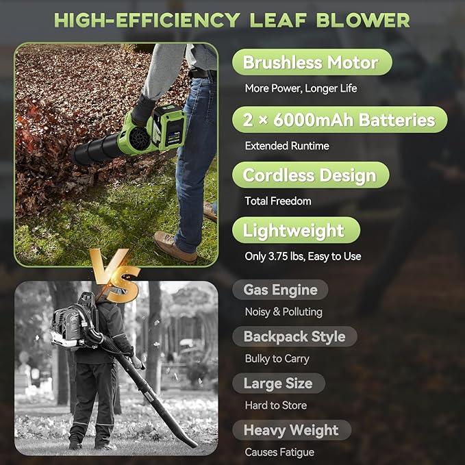 Cordless Leaf Blower - 650 CFM Brushless Electric Leaf Blower with 2 x 6.0Ah Batteries & Fast Charger, 2 Speed Modes, Battery Powered Leaf Blowers for Lawn Care, Patio, Dust, Snow Care (Light Green) - NeatNest