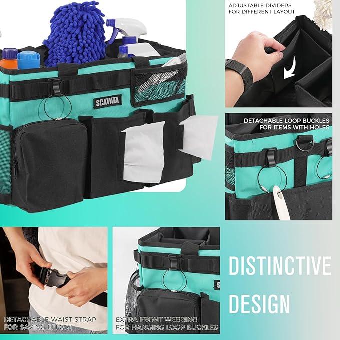 Wearable Cleaning Caddy Bag, Cleaning Caddy Supplies Organizer with Handle & Shoulder Straps for Housekeepers, Under Sink & Car Cleaning Tool Organizers with 4 Foldable Divider (Lake Blue) - NeatNest