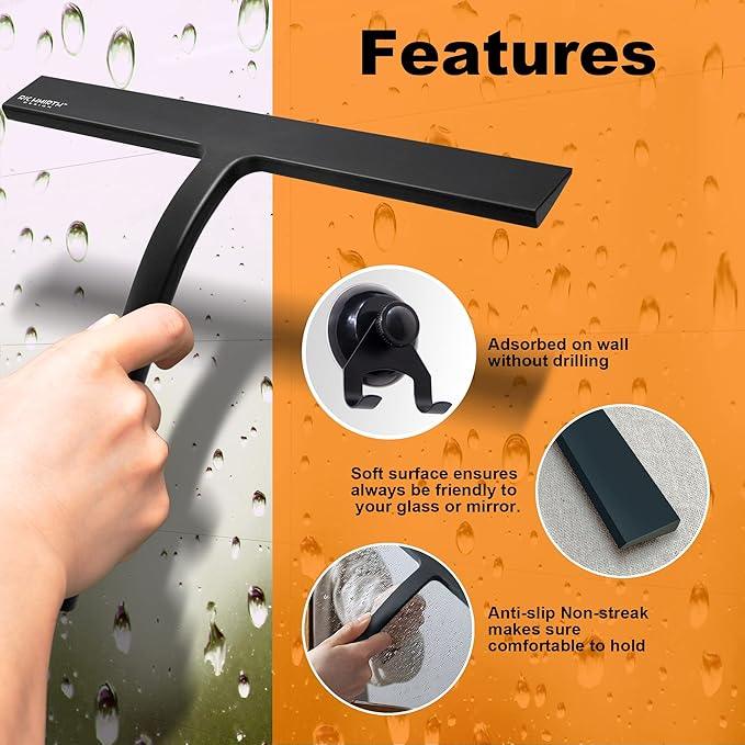 Shower Squeegee for Glass Doors 10" - All Purpose Squeegee for Window Bathroom Glass Mirror Bathroom Tile with Suction Cup Hooks - Black - NeatNest