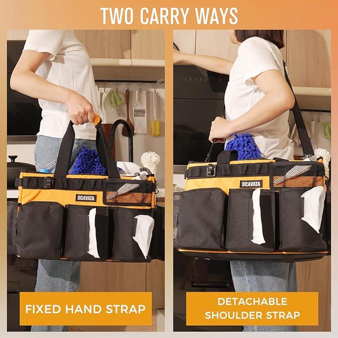 Wearable Cleaning Caddy Bag, Cleaning Caddy Supplies Organizer with Handle & Shoulder Straps for Housekeepers, Under Sink & Car Cleaning Tool Organizers with 4 Foldable Divider (Orange) - NeatNest