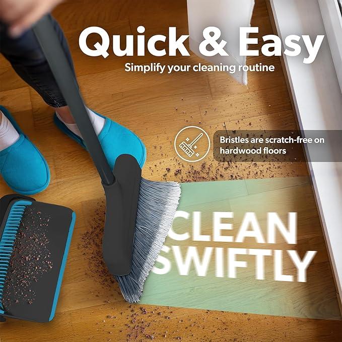 BLACK+DECKER Butler Broom & Dustpan Set - Short Handle, Stand-Up Design - Lightweight, Space-Saving Combo for Kitchen, Living Room, Bathroom, Lobby Floors - Home Cleaning Essential, Black/Blue - NeatNest