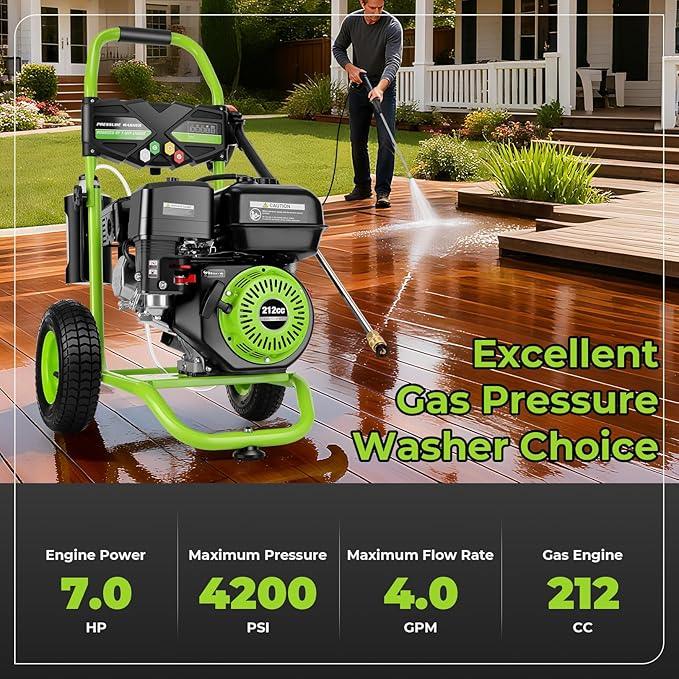 4200 PSI Gas Pressure Washer, 4.0 Max GPM 212CC 7HP Commercial Gas Power Washer, Spray Gun and Wand, 5 Nozzle Set, for Cars/Fences/Driveways/Homes/Patios/Furniture (Green) - NeatNest