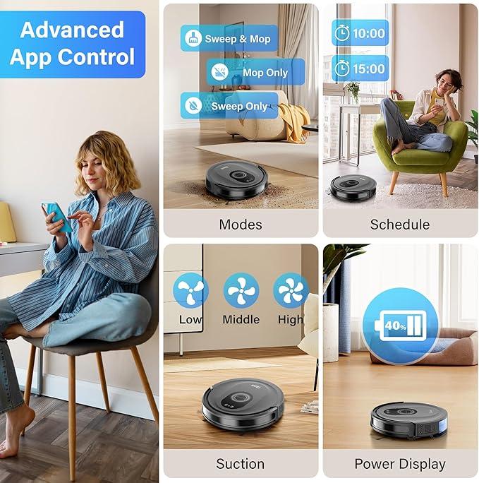 Tikom Robot Vacuum and Mop Combo, 5000Pa Robotic Vacuum Cleaner, 150 Min Max, App & Remote Control, Ideal for Hard Floor, Carpet, Pet Hair, Self-Charge(G8000 Max) - NeatNest