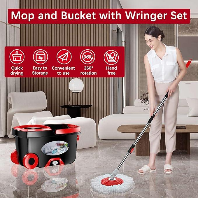 FunClean 360° Spin Mop and Bucket Set with Wringer, 6 Extra Microfiber Heads, 61" Extended Handle for Effortless Floor Cleaning, 2X Wheel Design - Black - NeatNest